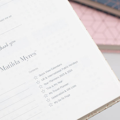 Matilda Myres 2025 Diary | A5 Day a Page Diary | Rose Gold Wirobound | January to December Planner | Hardback Covers with Rose Gold Detail | Herringbone Design | Black Black 2025