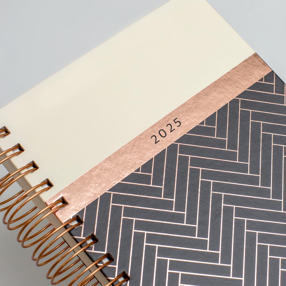 Matilda Myres 2025 Diary | A5 Day a Page Diary | Rose Gold Wirobound | January to December Planner | Hardback Covers with Rose Gold Detail | Herringbone Design | Black Black 2025