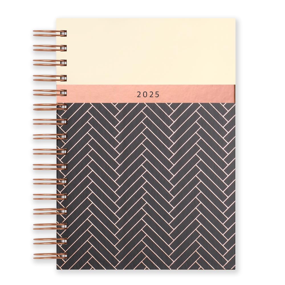 Matilda Myres 2025 Diary | A5 Day a Page Diary | Rose Gold Wirobound | January to December Planner | Hardback Covers with Rose Gold Detail | Herringbone Design | Black Black 2025