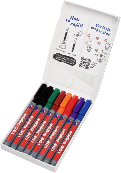 edding 361 whiteboard marker set - multi-coloured - 8 whiteboard pens - round nib 1 mm - whiteboard pen dry wipe - for whiteboards, flipcharts, magnetic, memo boards - sketchnotes - refillable