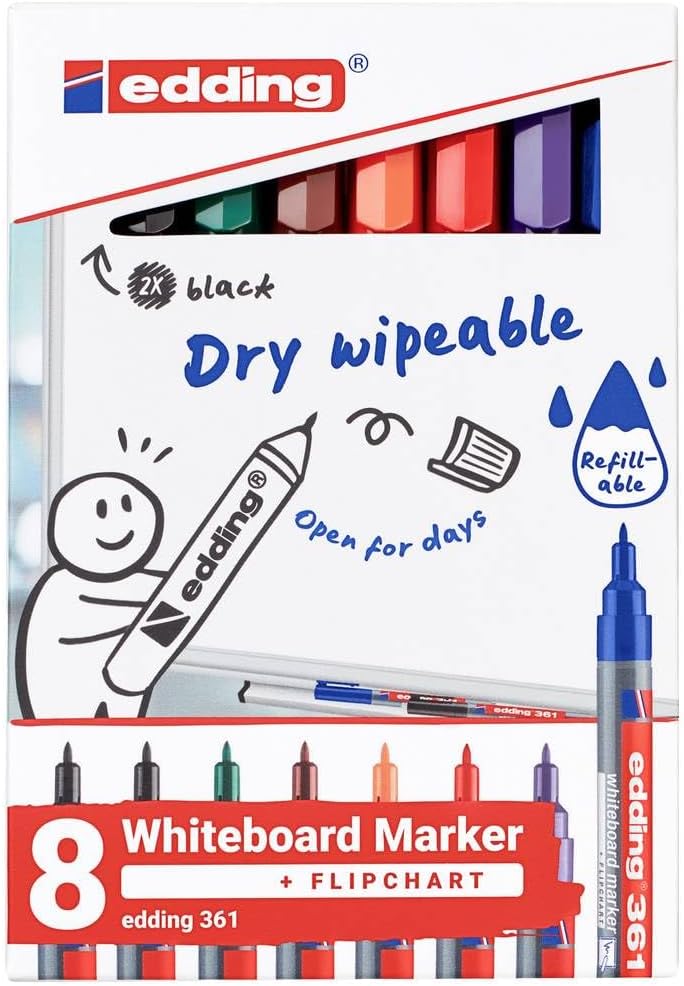 edding 361 whiteboard marker set - multi-coloured - 8 whiteboard pens - round nib 1 mm - whiteboard pen dry wipe - for whiteboards, flipcharts, magnetic, memo boards - sketchnotes - refillable