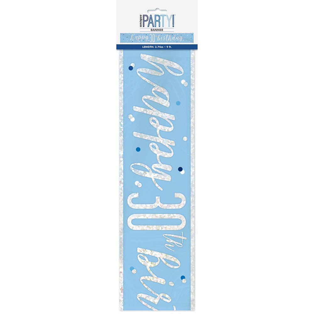 Unique- Prismatic Foil Banner 274,3 cm Pc. Striscione Buon Compleanno-2,74 m-Festa a Tema Glitz Blu e Argento-1 Pezzo (Confezione da 1), Blue, Età 30, 83480