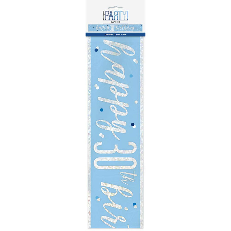 Unique- Prismatic Foil Banner 274,3 cm Pc. Striscione Buon Compleanno-2,74 m-Festa a Tema Glitz Blu e Argento-1 Pezzo (Confezione da 1), Blue, Età 30, 83480