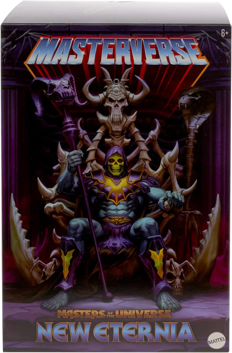 Masters of the Universe Masterverse Skeletor Actionfigur- und Thron-Set, MOTU Spielzeug, beleuchteter Thron, abnehmbare Kapuze und Umhang, 2 Stabzubehörteile, HXX63