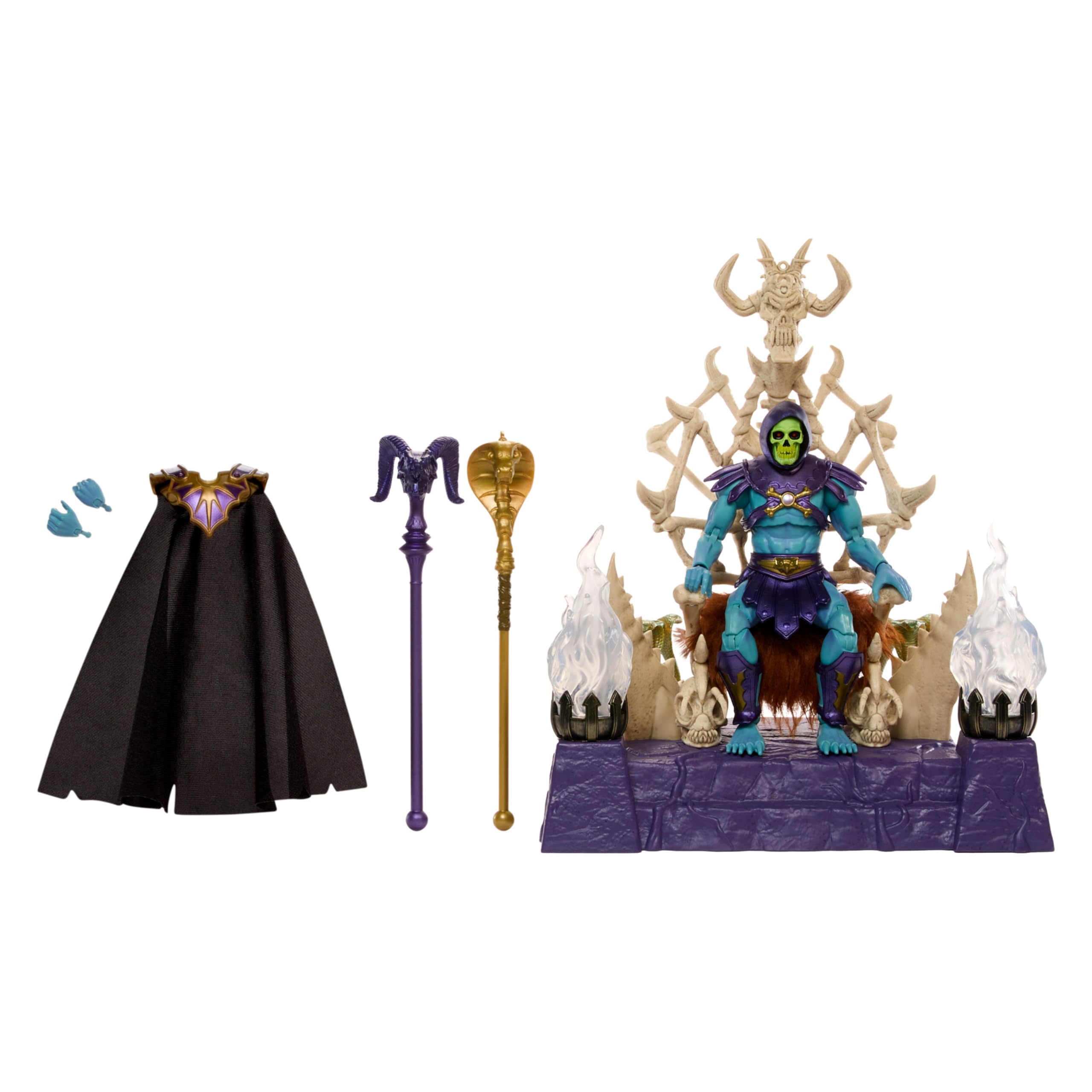 Masters of the Universe Masterverse Skeletor Actionfigur- und Thron-Set, MOTU Spielzeug, beleuchteter Thron, abnehmbare Kapuze und Umhang, 2 Stabzubehörteile, HXX63