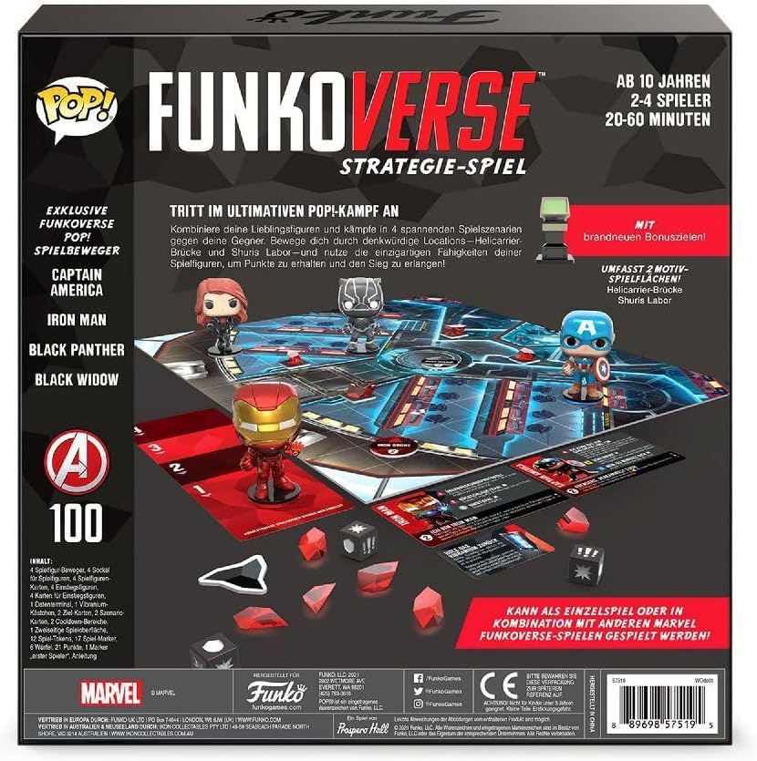 Funko Games Funkoverse: Marvel 100 4-Pack - German Version - Captain America, Black Widow, Iron Man And Black Panther - 3'' (7.6 Cm) POP! - Light Strategy Board Game For Children & Adults (Ages 10+)