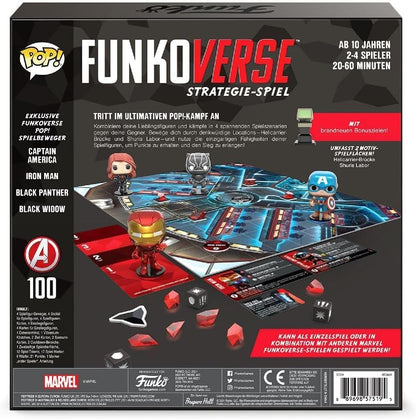 Funko Games Funkoverse: Marvel 100 4-Pack - German Version - Captain America, Black Widow, Iron Man And Black Panther - 3'' (7.6 Cm) POP! - Light Strategy Board Game For Children & Adults (Ages 10+)