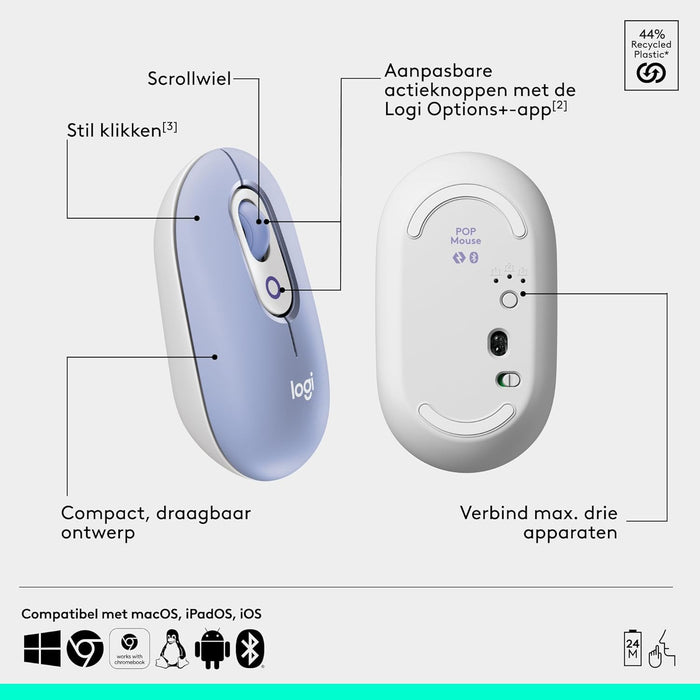 Logitech POP Mouse, Compact and Portable Wireless Bluetooth Mouse With Programmable Buttons and Quiet Clicks, Easy-Switch Between up to 3 Devices, Laptop, Tablet, PC