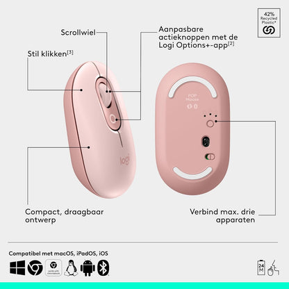 Logitech POP Mouse, Compact and Portable Wireless Bluetooth Mouse With Programmable Buttons and Quiet Clicks, Easy-Switch Between up to 3 Devices, Laptop, Tablet, PC