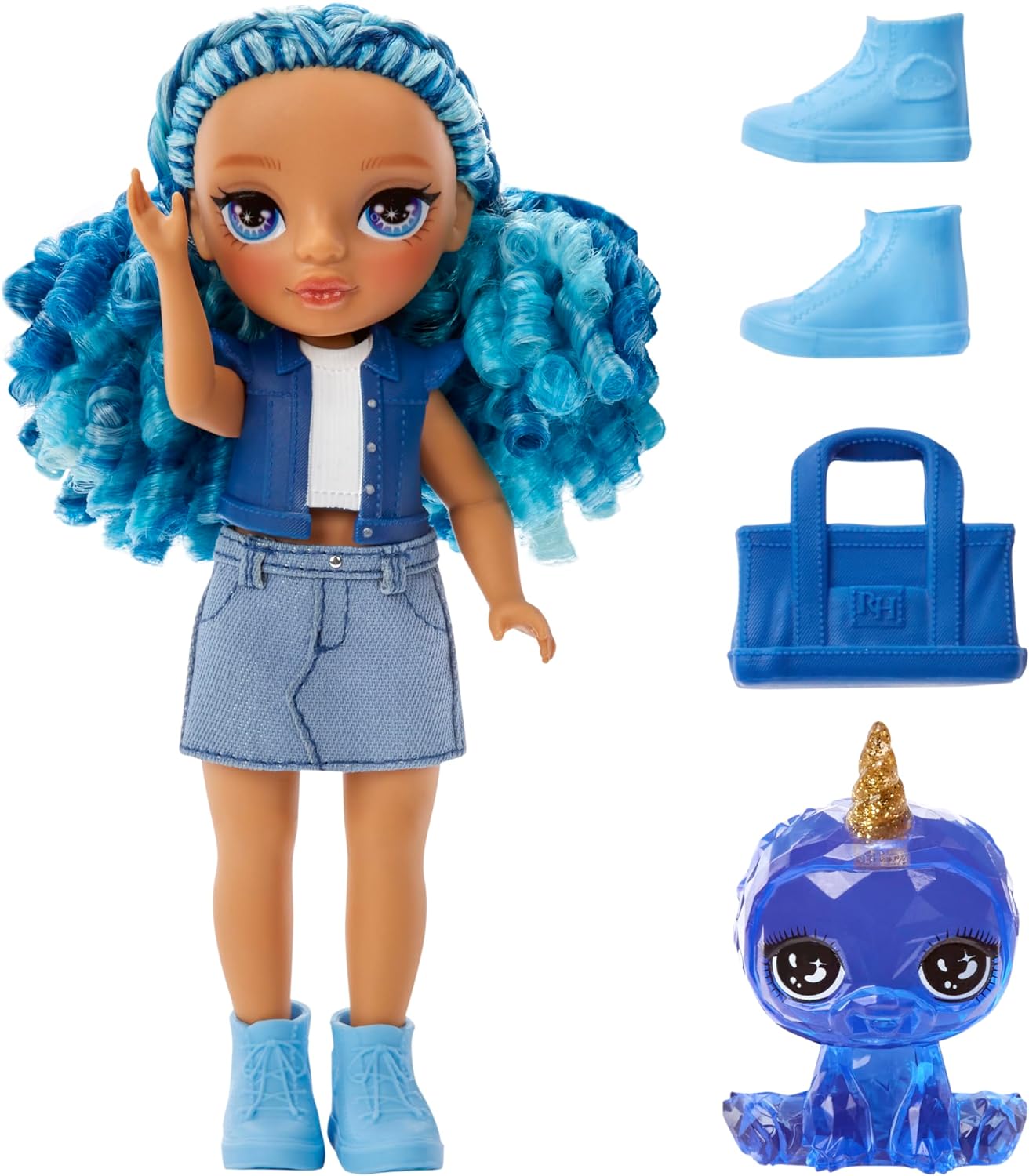 Rainbow High Littles - Sapphire Bradshaw - Small, Posable Fashion Doll – Blue 14 cm Tall Doll with Purse and Magical Pet Yeti - Suitable for Kids and Collectors