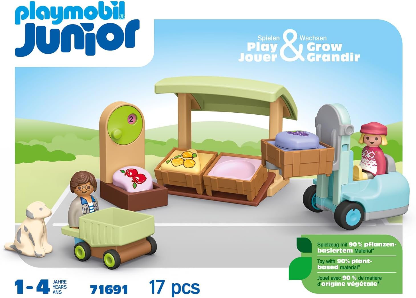 Playmobil Junior 71691 Mercatino biologico, inclusi carrello della spesa e casse impilabili, giocattolo sostenibile realizzato in plastica a base vegetale, giocattolo per bambini dai 12 mesi in su