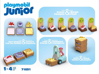 Playmobil Junior 71691 Mercatino biologico, inclusi carrello della spesa e casse impilabili, giocattolo sostenibile realizzato in plastica a base vegetale, giocattolo per bambini dai 12 mesi in su