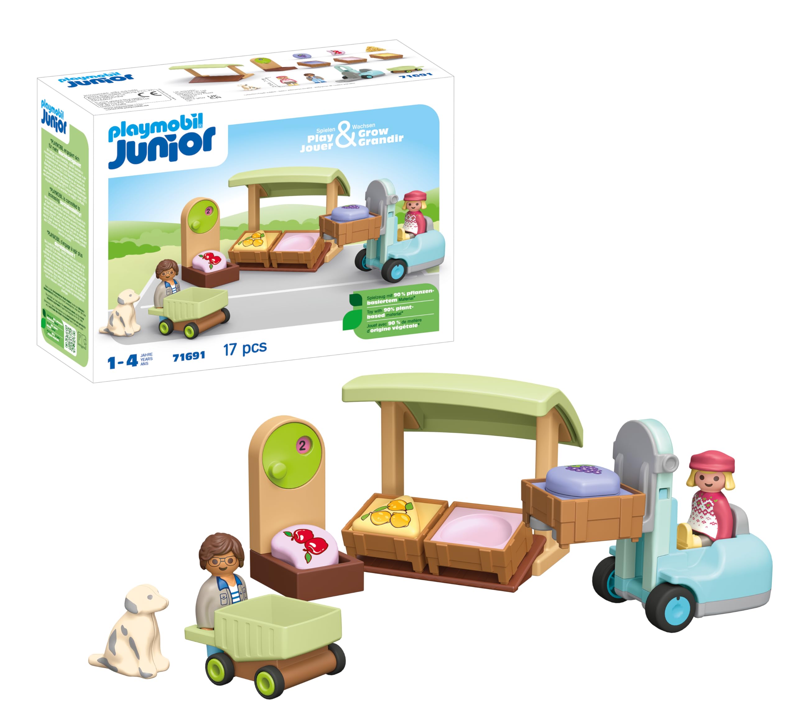 Playmobil Junior 71691 Mercatino biologico, inclusi carrello della spesa e casse impilabili, giocattolo sostenibile realizzato in plastica a base vegetale, giocattolo per bambini dai 12 mesi in su