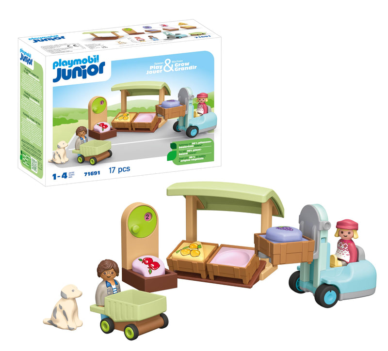 Playmobil Junior 71691 Mercatino biologico, inclusi carrello della spesa e casse impilabili, giocattolo sostenibile realizzato in plastica a base vegetale, giocattolo per bambini dai 12 mesi in su