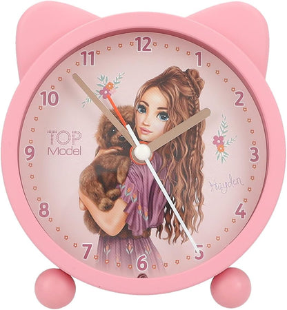 Depesche 13226 TOPModel Floral Alarm Pink for Children with Model Motif and Ears, Silent Clock with Light Function, Battery Included, Multicoloured