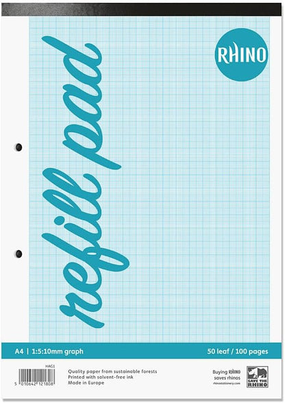 RHINO Graph Paper A4 Pad, 100 Page / 1:5:10mm Ruling, 6 Pack, Grid Paper Pad, for Maths & Science, Office & School Stationery Supplies