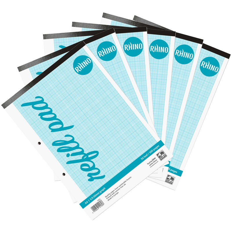 RHINO Graph Paper A4 Pad, 100 Page / 1:5:10mm Ruling, 6 Pack, Grid Paper Pad, for Maths & Science, Office & School Stationery Supplies