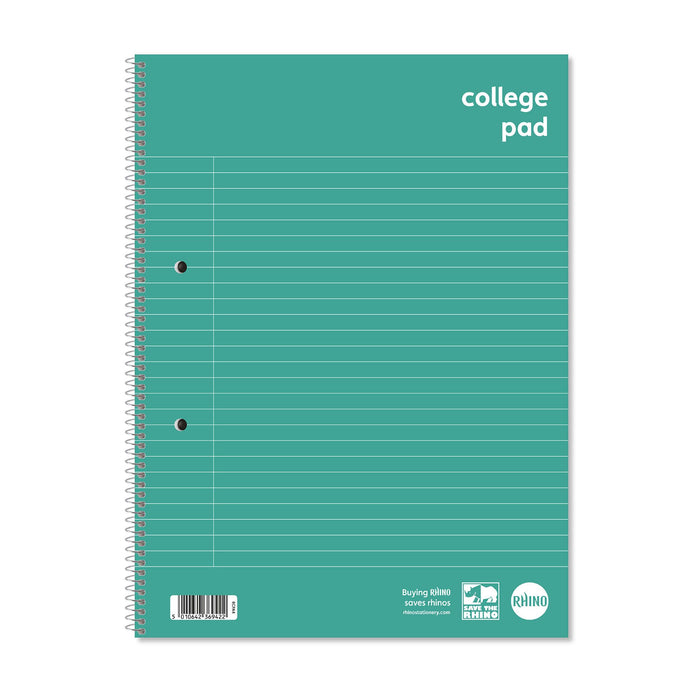 RHINO A4 College Pad, 8mm Lined + Margin, 70-Leaf/140-Page - 10-Pack - Spiral-Bound Pad with Pre-Punched Holes - Ideal for Schools, Students & all Note-Taking
