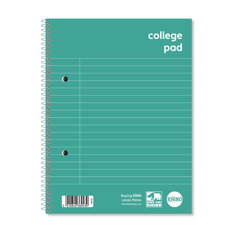 RHINO A5 College Pad, 8mm Lined + Margin, 70-Leaf/140-Page, 10-Pack - Spiral-Bound Pad with Pre-Punched Holes - Ideal for Schools, Students & all Note-Taking