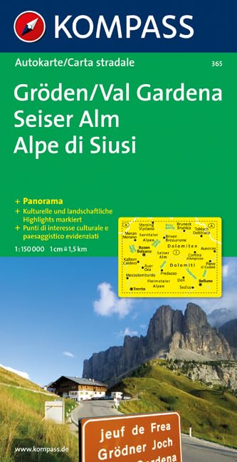 Carta stradale e panoramica n. 365. Val Gardena, Alpe di Siusi 1:150.000: Autokarte mit Panorama. 1:150000