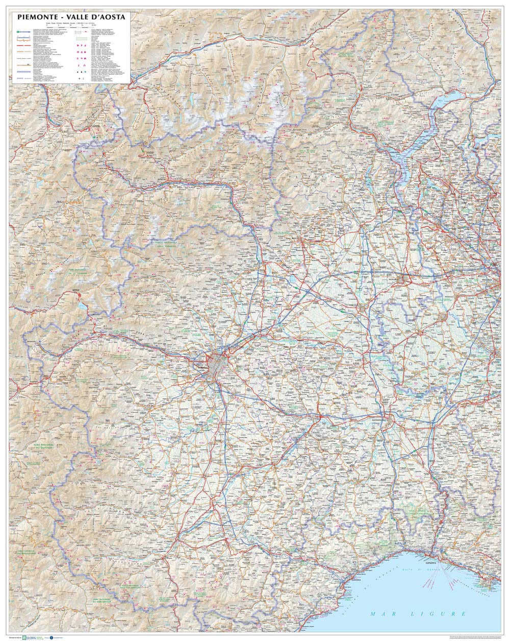Piemonte. Valle d'Aosta. Carta stradale della regione 1:250.000 (carta murale plastificata stesa con aste cm 86 x 108 cm