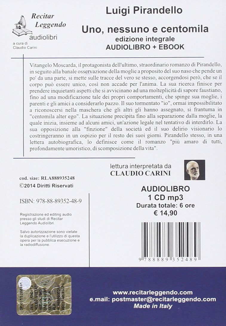 Luigi Pirandello - Uno, Nessuno E Centomila. Audiolibro. Cd Audio Formato Mp3. Ediz. Integrale