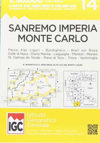 Carte N. 14 San Remo, Imperia, Monte Carlo 1:50.000. Carta Dei Sentieri E Dei Rifugi