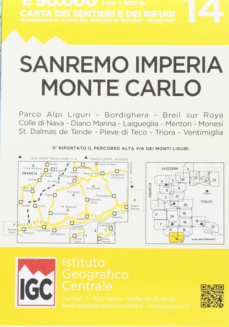 Carte N. 14 San Remo, Imperia, Monte Carlo 1:50.000. Carta Dei Sentieri E Dei Rifugi