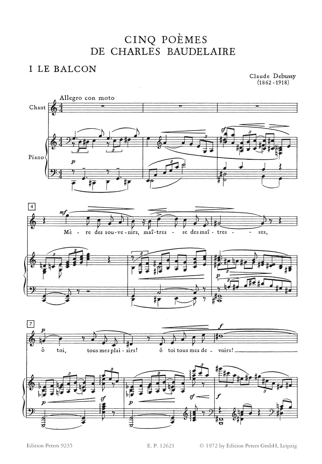 Debussy: Song Cycles, 5 Poèmes de Baudelaire (Voice and Piano) (EP9235)