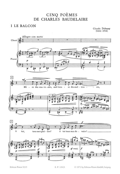 Debussy: Song Cycles, 5 Poèmes de Baudelaire (Voice and Piano) (EP9235)