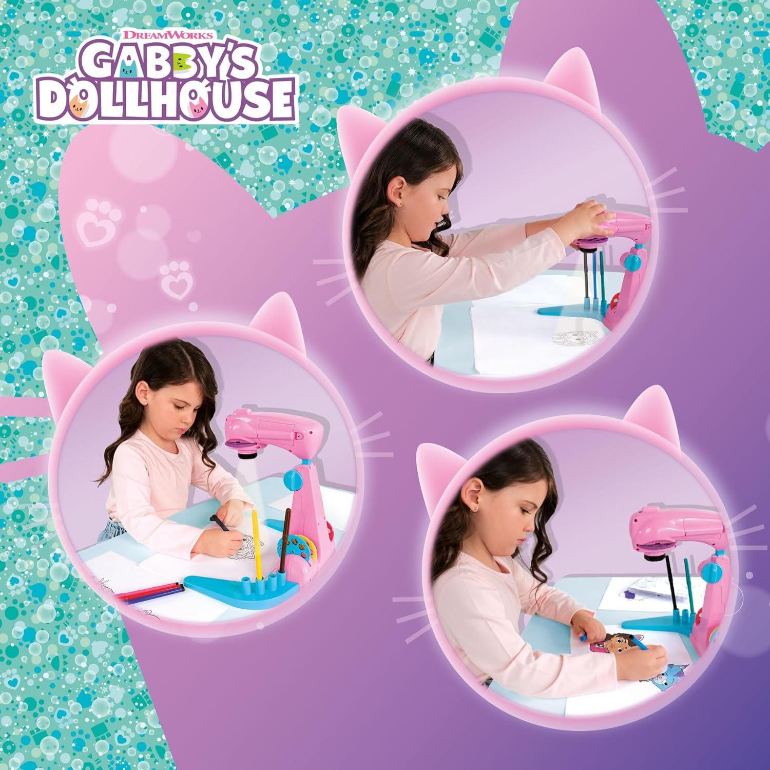 Lisciani - GABBY'S DOLLHOUSE PROJECTOR DRAWING SCHOOL - LED Projector for Learning to Draw - For Children from 4 Years - 4 Picture Disks, Sheets & Pens Included - 32 Images to Trace