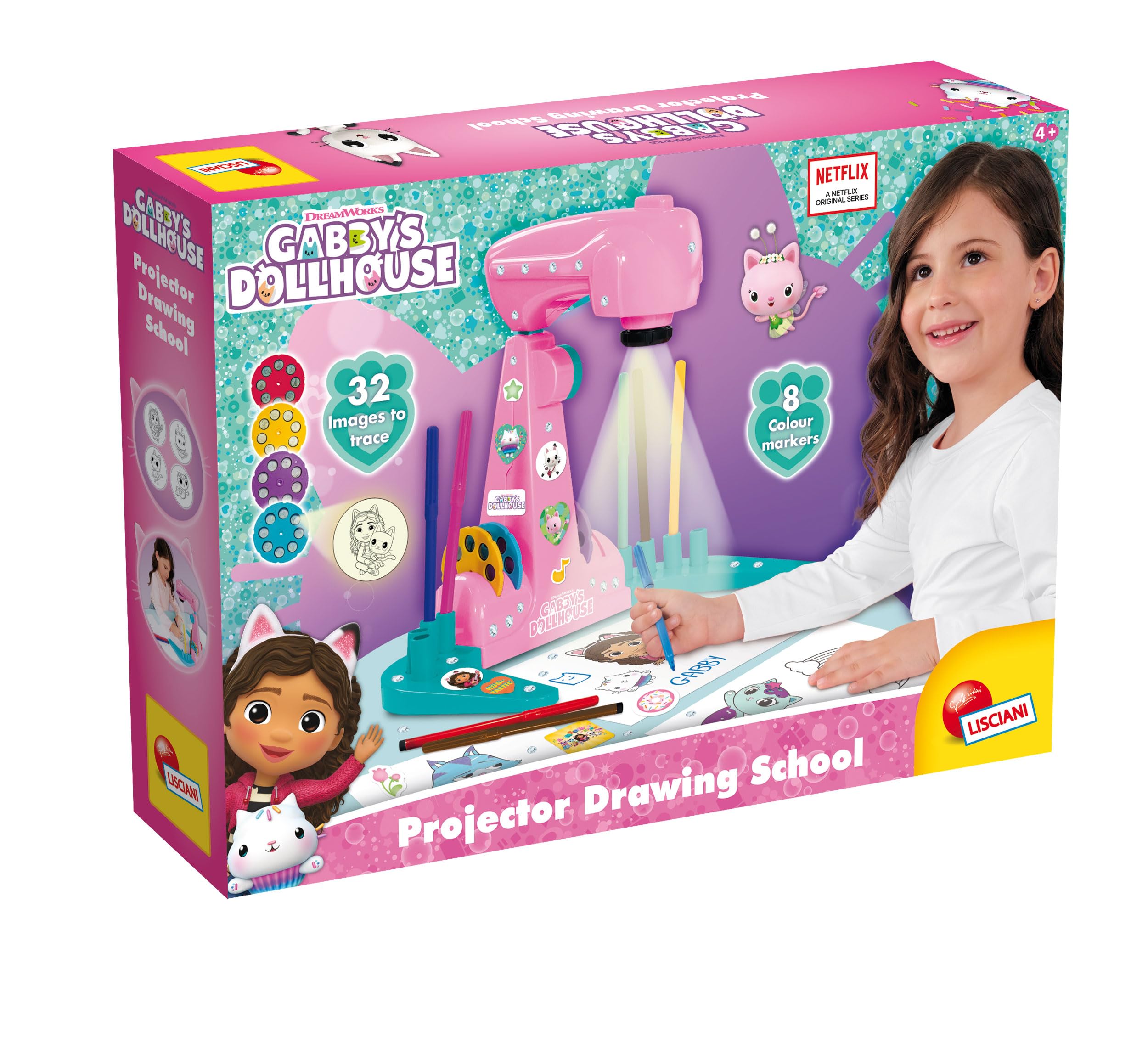 Lisciani - GABBY'S DOLLHOUSE PROJECTOR DRAWING SCHOOL - LED Projector for Learning to Draw - For Children from 4 Years - 4 Picture Disks, Sheets & Pens Included - 32 Images to Trace