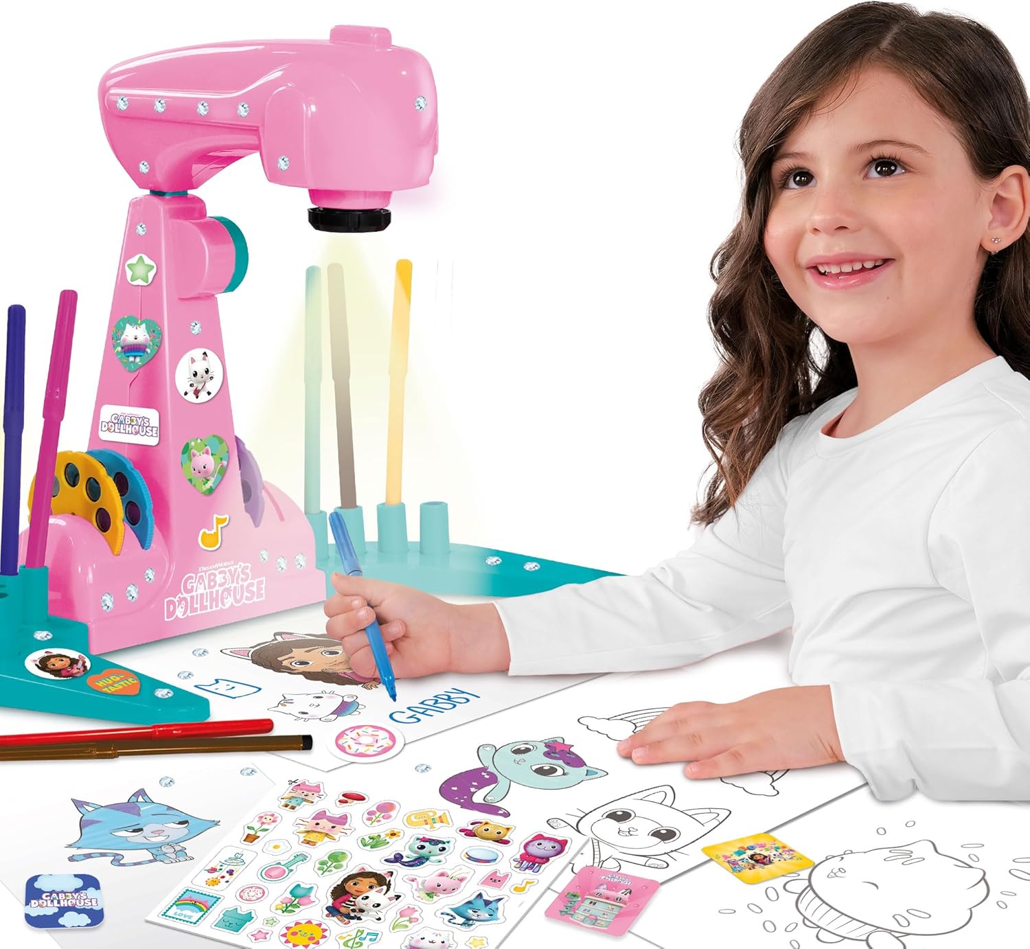 Lisciani - GABBY'S DOLLHOUSE PROJECTOR DRAWING SCHOOL - LED Projector for Learning to Draw - For Children from 4 Years - 4 Picture Disks, Sheets & Pens Included - 32 Images to Trace