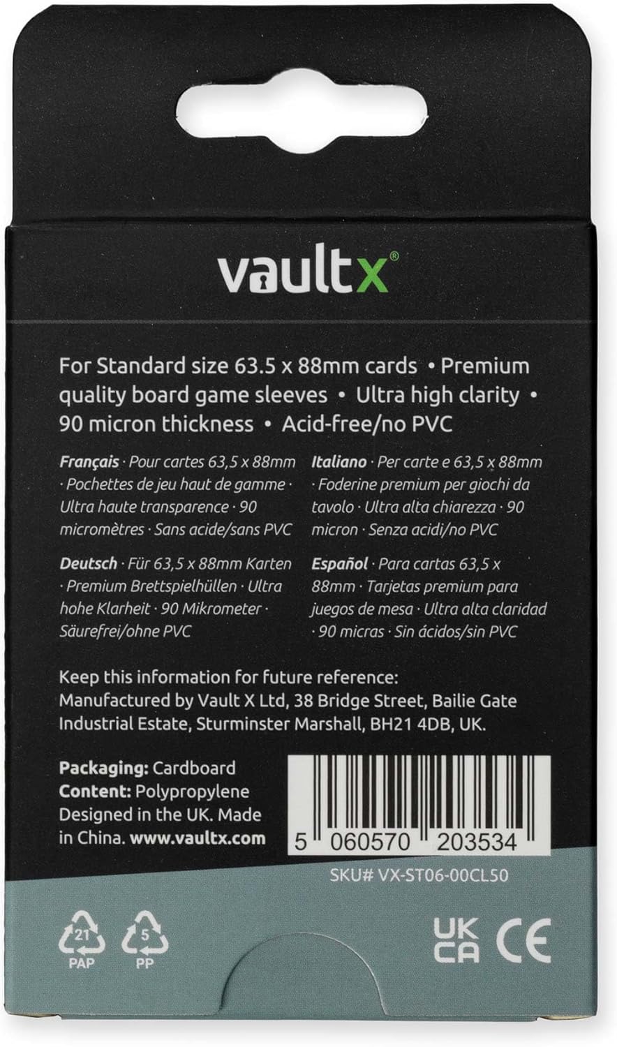 Vault X Standard Board Game Sleeves for Cards of 63x88mm Protect, Preserve with Non-PVC Anti-Static Fitted Sheath (50pcs