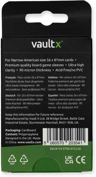 Vault X Narrow American Board Game Sleeves for Cards of 56x87mm Protect, Preserve with Non-PVC Anti-Static Fitted Sheath (50pcs