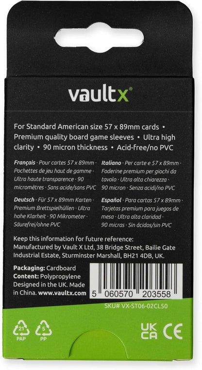 Vault X Standard American Board Game Sleeves for Cards of 57x89mm Protect, Preserve with Non-PVC Anti-Static Fitted Sheath (50pcs