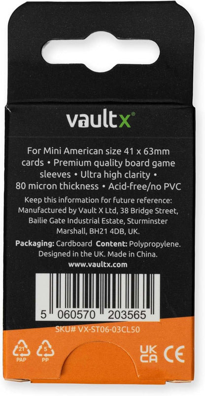 Vault X Mini American Board Game Sleeves for Cards of 41x63mm Protect, Preserve with Non-PVC Anti-Static Fitted Sheath (50pcs