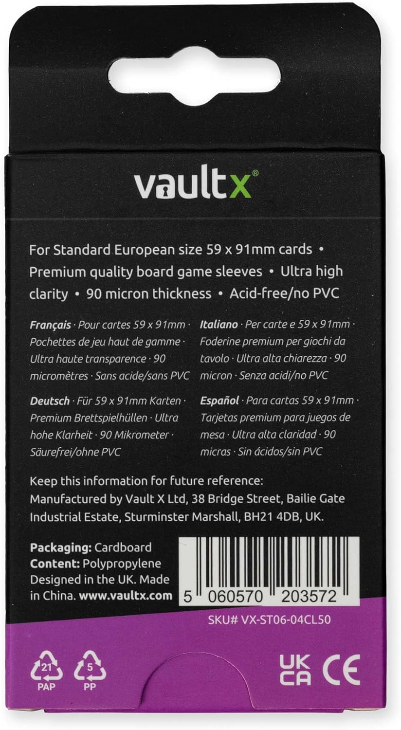 Vault X Standard European Board Game Sleeves for Cards of 59x91mm Protect, Preserve with Non-PVC Anti-Static Fitted Sheath (50pcs
