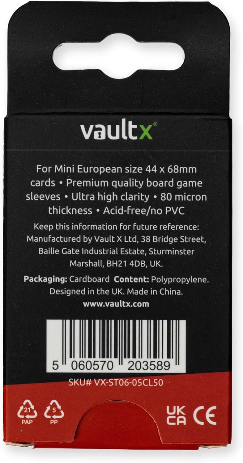 Vault X Mini European Board Game Sleeves for Cards of 44x68mm Protect, Preserve with Non-PVC Anti-Static Fitted Sheath (50pcs