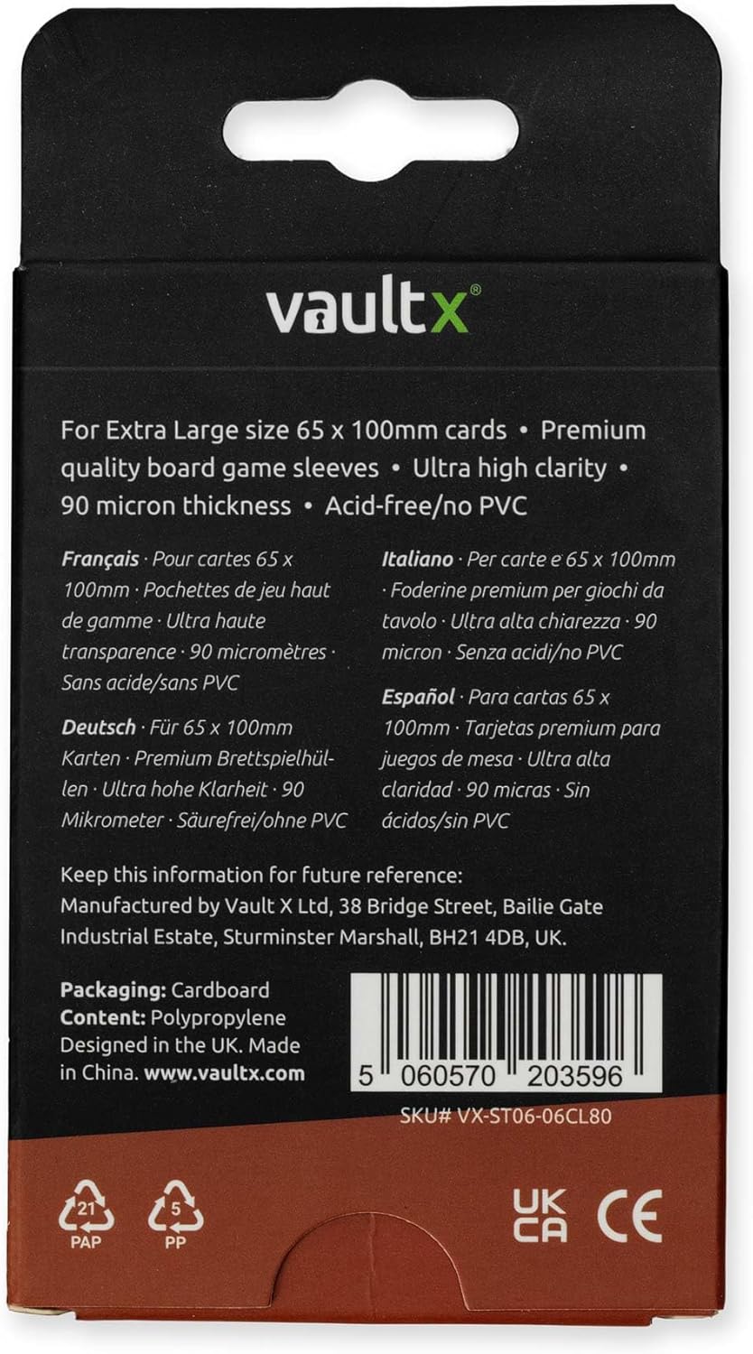 Vault X Extra Large (7 Wonders) Board Game Sleeves for Cards of 65x100mm Protect, Preserve with Non-PVC Anti-Static Fitted Sheath (80pcs