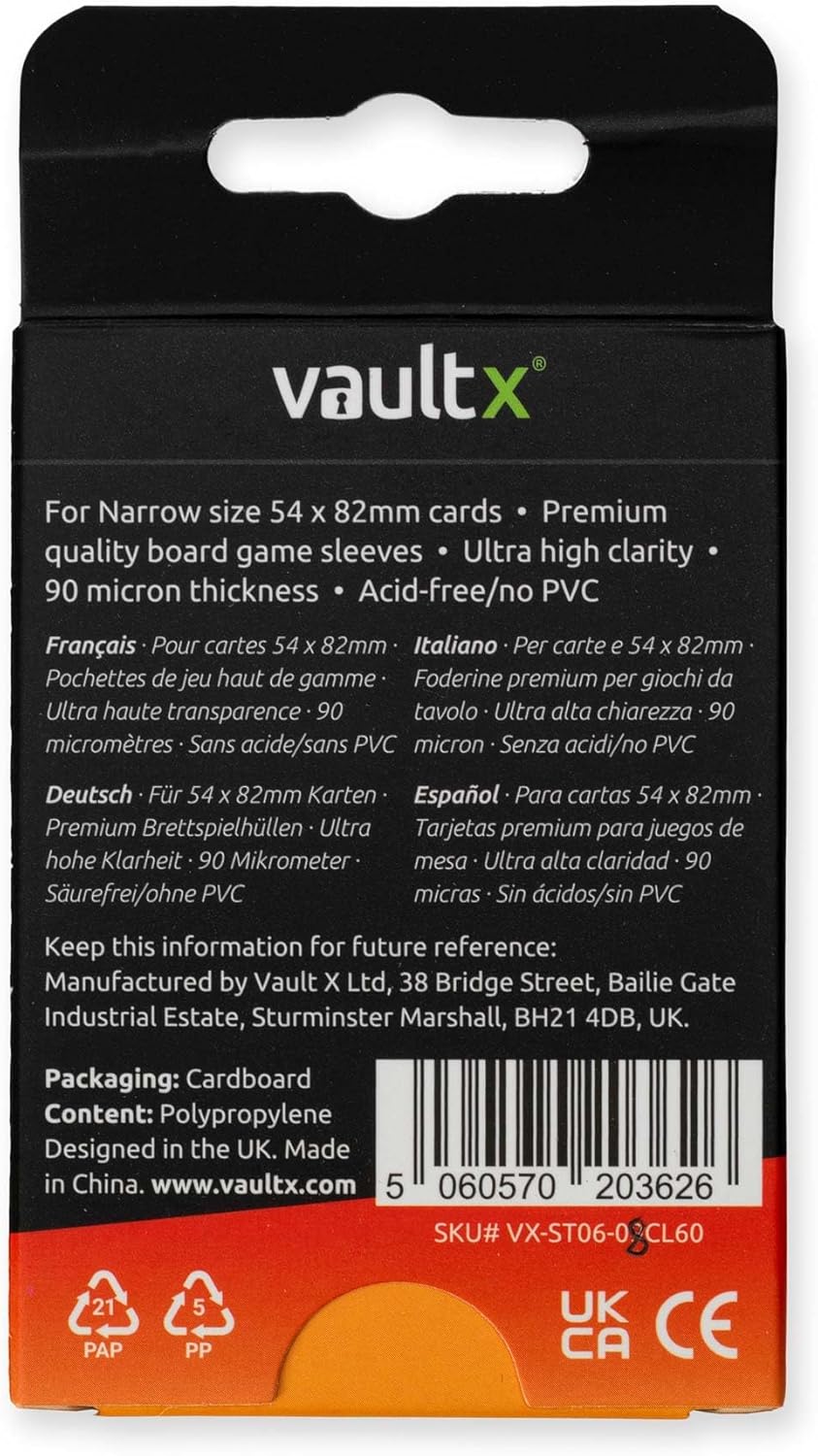 Vault X Narrow (Catan) Board Game Sleeves for Cards of 54x80mm Protect, Preserve with Non-PVC Anti-Static Fitted Sheath (60pcs