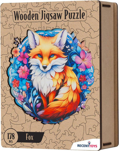 Recent Toys RT5202 Jigsaw Puzzle Fox for Adults and Kids, 178 Large Size: 28 x 27.5 cm with Unique Shaped Pieces. Includes Wooden Storage Gift Box and Stand