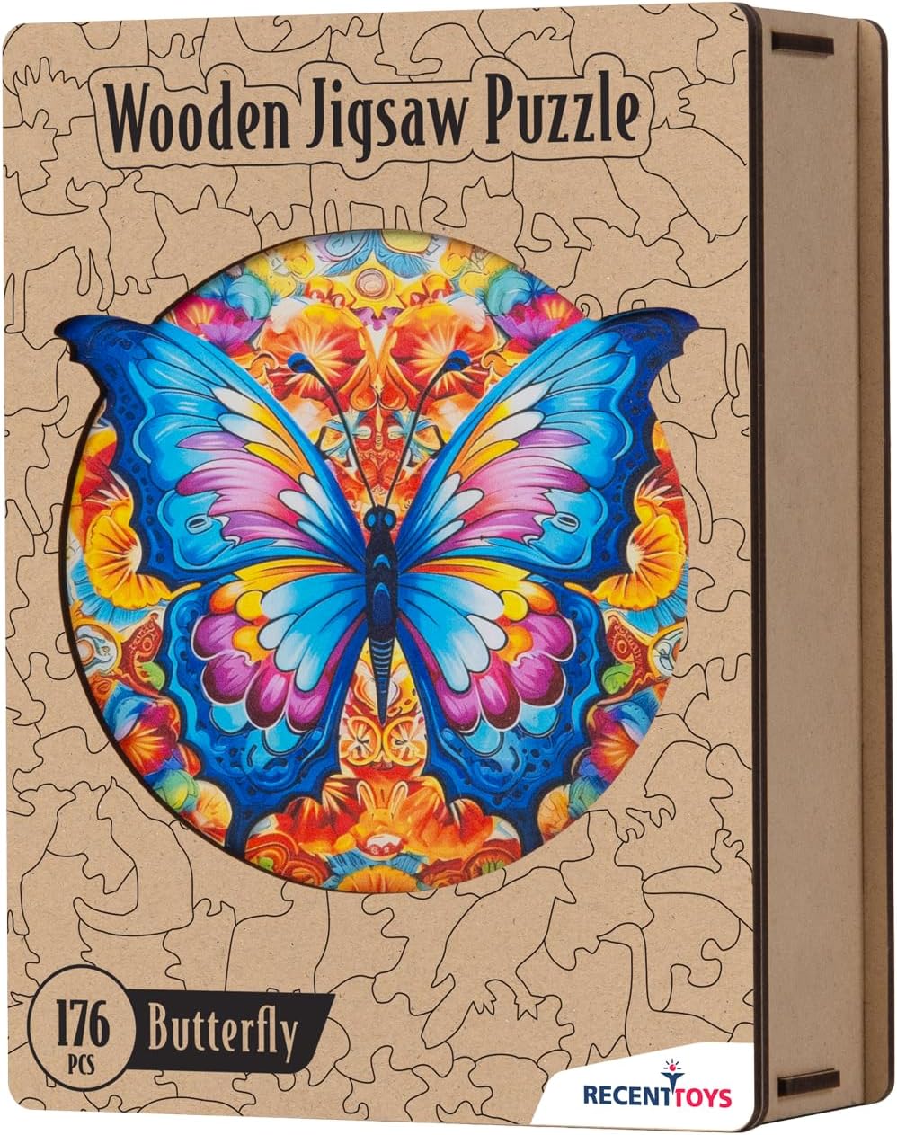 Recent Toys RT5203 Jigsaw Butterfly for Adults and Kids.176 Puzzle, Large Size 30 x 28 cm with Unique Shaped Pieces. Includes Wooden Storage Gift Box and Stand