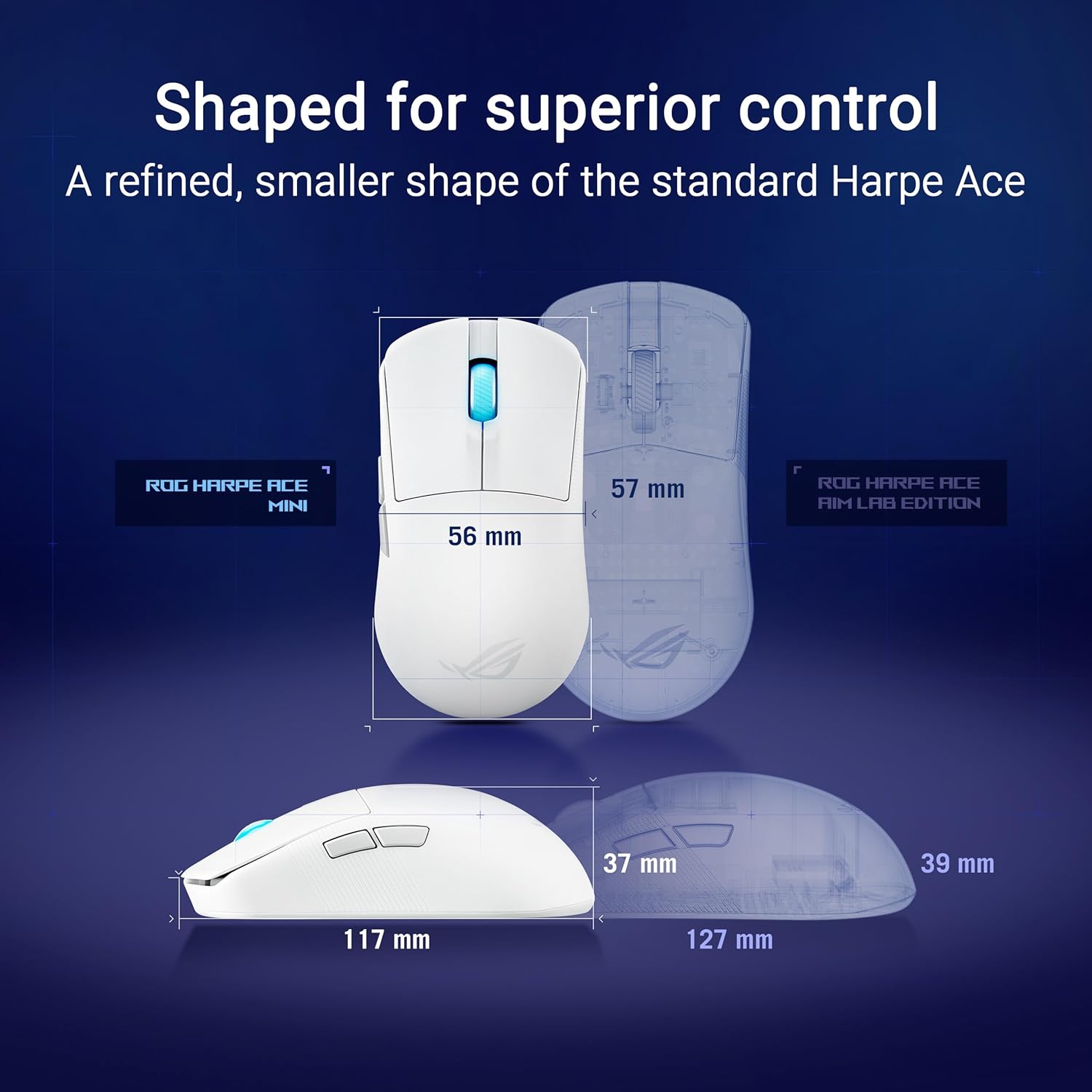 ASUS ROG Harpe Ace Mini Wireless Gaming Mouse, 49g Lightweight, AimPoint Pro 42K Optical Sensor, Optical Micro Switches, ROG Polling Rate Booster, Esports and FPS, Small, Medium, Lunar White