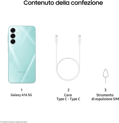 Samsung Galaxy A16 5G, Smartphone Android 14, Display Super AMOLED 6.7" FHD+, 4GB RAM, 128GB, Batteria 5.000 mAh, Resistenza IP54, memoria espandibile fino a 1.5TB, Light Green