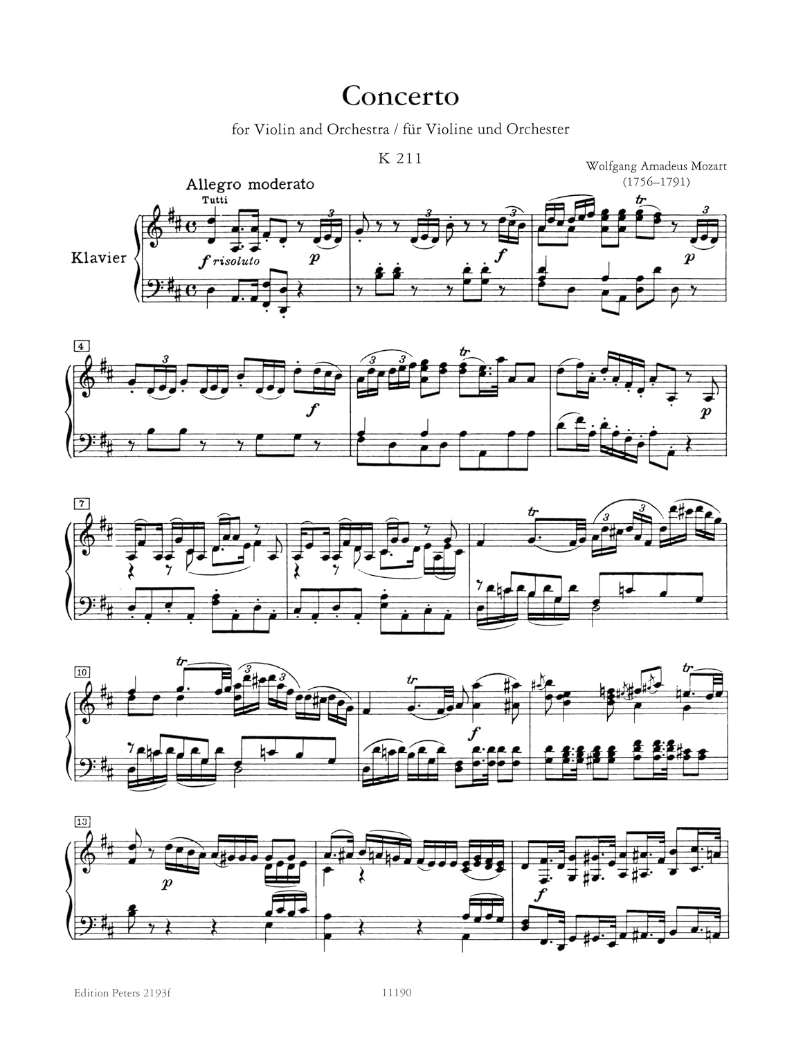Mozart: Concerto No. 2 in D K211 (Violin and Piano) (EP2193F)