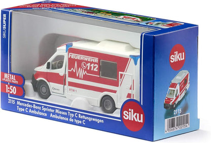 siku 2115, Mercedes-Benz Sprinter Miesen type C Ambulance, 1:50, Metal,Plastic, Red,White, Removable roof, Incl. stretcher and spine board Single