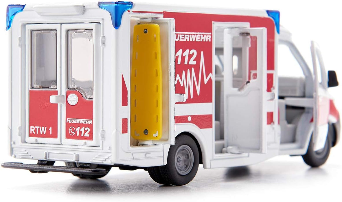 siku 2115, Mercedes-Benz Sprinter Miesen type C Ambulance, 1:50, Metal,Plastic, Red,White, Removable roof, Incl. stretcher and spine board Single