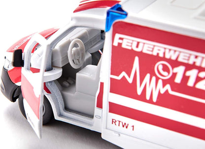 siku 2115, Mercedes-Benz Sprinter Miesen type C Ambulance, 1:50, Metal,Plastic, Red,White, Removable roof, Incl. stretcher and spine board Single