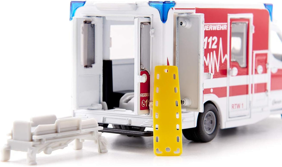 siku 2115, Mercedes-Benz Sprinter Miesen type C Ambulance, 1:50, Metal,Plastic, Red,White, Removable roof, Incl. stretcher and spine board Single